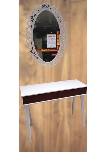 Dresuar Ahşap Kayın Retro Ayak Çift Çekmece Motifli Ayna Beyaz Ceviz El Yapımı Beyaz