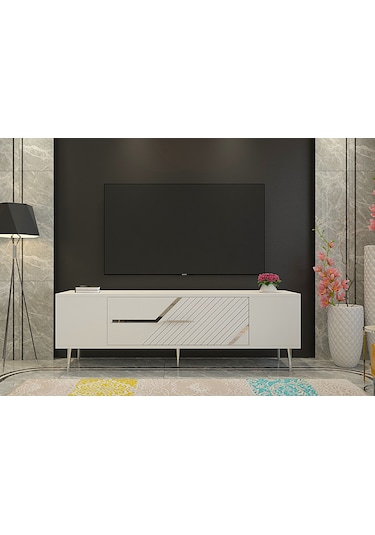 Ufa Tv Sehpası Tv Ünitesi 150 Cm Beyaz Gümüş