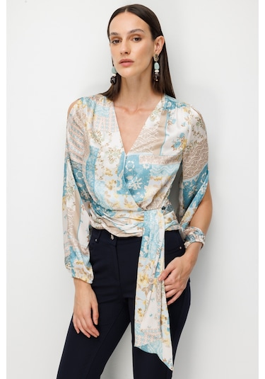 Ekol Kadın Beli Fularlı Desenli Crop Bluz 2094 Turkuaz