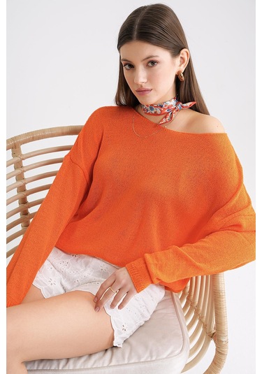 6933 Kadın Kayık Yaka İnce Mevsimlik Triko Kazak Turuncu Turuncu