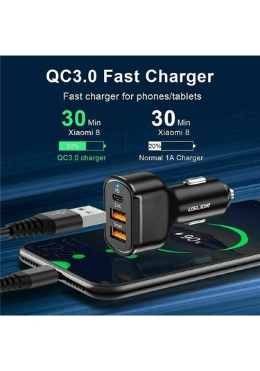 Honmex 30w 3'lü Usb Pd Araç Şarj Cihazı - 2.4a Hızlı Şarj, Type-c Ve Usb Girişleri, İphone, İpad, Android Uyumlu Siyah