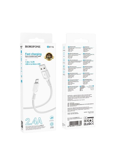 Borofone Bx116 1m 2.4a Usb'den Micro Usb'ye Belirli Şarj Veri Kablosu Beyaz