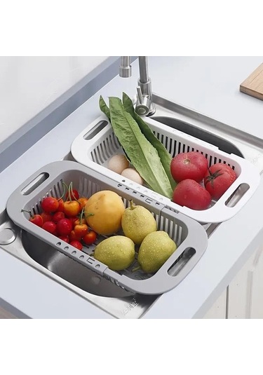 Pazly Gri Geri Çekilebilir Drenaj Rafı - Mutfak Sepeti - Sebze & Alet Saklama - Kolay Temizlenir Plastik Raf Gri