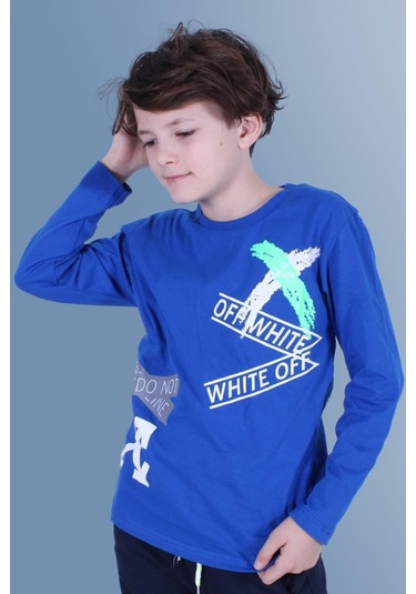 X Baskılı Uzun Kollu Erkek Çocuk Indigo Sweatshirt İndigo