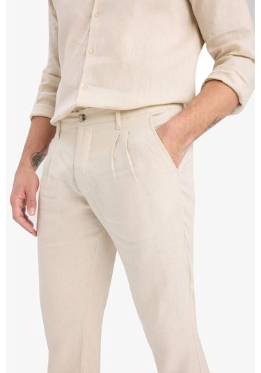 Defacto %100 Keten Normal Kesim Crop Duble Paça Yazlık Kumaş Pantolon C1826ax25smbg106 Bej