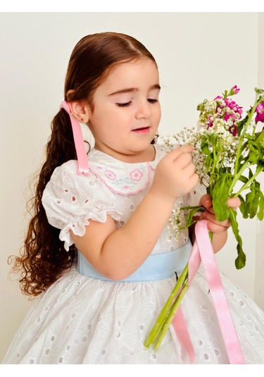 Beyaz Mavi Kemerli Vintage Elbise, Özel Dikim Çocuk Elbisesi, Doğum Günü Elbisesi,0-12 Yaşa Uygun Beyaz