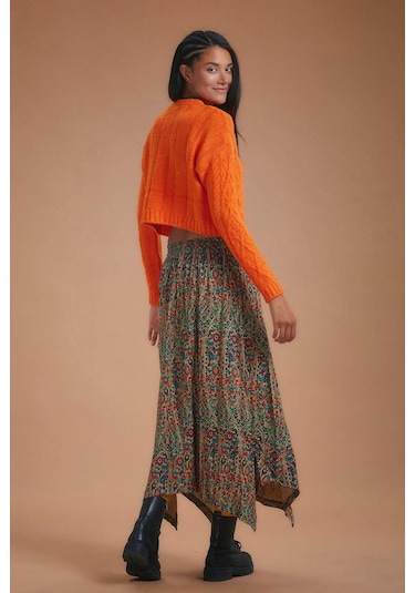 Etnik Desenli Biye Detaylı Asimetrik Kesimli Etek Yeşil