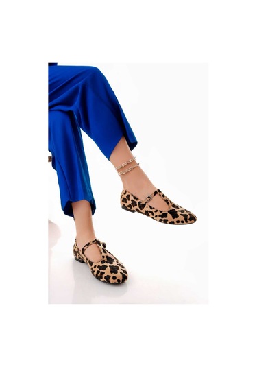 Siyah Süet T-strap Mary Jane Tasarım Babet LEOPAR