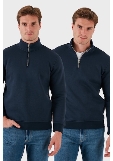 Buratti Pamuklu Regular Fit Dik Yaka 2'Li Paket Erkek Sweat 59052592S2 Koyu Lacivert-Koyu Lacivert