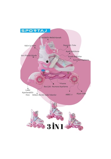 Melek Kanatlı Işıklı Çocuk Pateni Ve Dizlik Seti Silikon Teker Ayarlanabilir Paten Çantalı Pembe Pembe