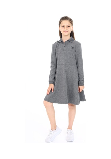 Toontoy Kız Çocuk Polo Yaka Çıtçıtlı Göğsü Baskılı Elbise Antrasit Melanj
