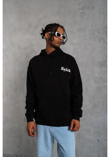 Erkek Oversize Üç İplik Kapüşonlu Sweat Siyah Kol Ve Etek Ribana Detaylı, Ön Ve Sırt Baskılı, Kang Siyah