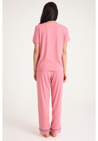 Dream Pembe Viskon V Yaka Dantel Detaylı Pijama Takımı Pembe