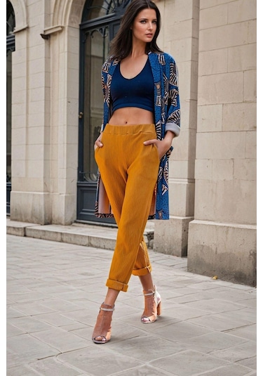 WeShaya Hardal Beli Lastikli, Cep Detay, Casual Pantolon Hardal