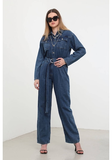 Kadın Oversize Jean Tulum Koyu Mavi 001