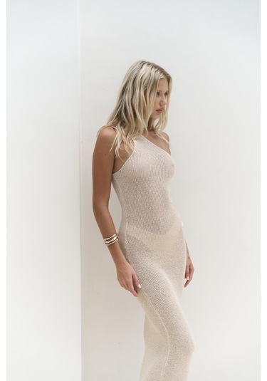 Kamalas Asimetrik Triko Bej Uzun Elbise Bej