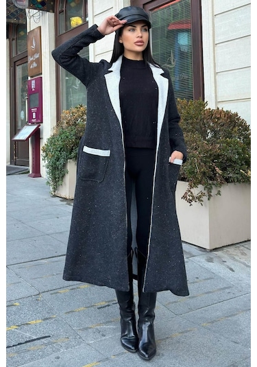 Siyah Çift Taraflı Kruvaze Yaka, Kuşaklı, Yumoş Dokulu, Duble Kaşe Uzun Ceket Siyah