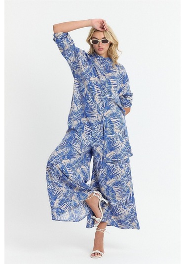 Schık Kadın Viskon Rahat Bol Paça Truvakar Kol Önü Düğme Baskılı Takım Saks