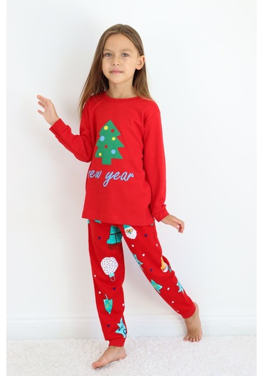 Kız Çocuk Orta Kalınlıkta Basic Baskılı Pijama Takımı Kırmızı