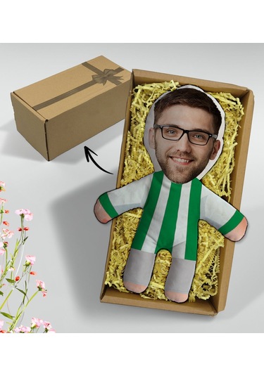 Bk Gift Hediye Kutusunda Kişiye Özel Fotoğraflı Yeşil Beyaz Futbolcu Bebek Yastık-1, Arkadaşa Hediye, Sevgiliye Hediye, Doğum Günü Hediyesi