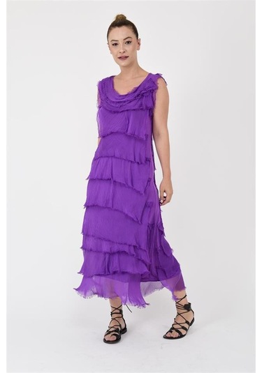 Italyan 2 Beden İnce Gösteren Kat Kat Kolsuz Ipek Elbise Kmor