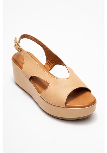 Brad Koyu Bej Cilt Hakiki Deri Dolgu Topuklu Kadın Sandalet Koyu Bej