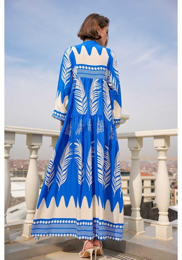 Gabria Ön Düğmeli Desenli Viskon Elbise Saks