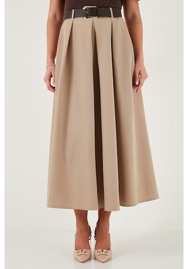Lela Modest Kemerli Comfort Fit Yüksek Bel Pileli Kloş Uzun Tesettür Bayan Etek 6833360 Camel