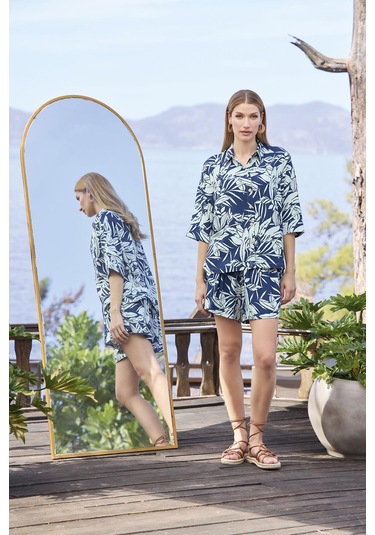 Monamise Kadın Yaprak Desenli Önü Düğmeli Gömlek Yaka Alt Üst Takım 25015 Lacivert