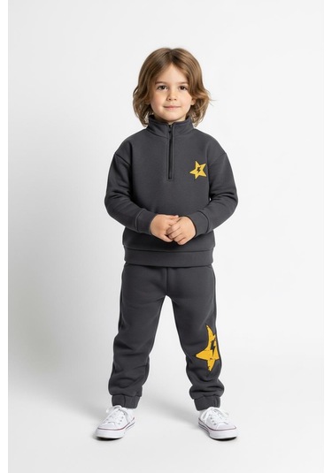 Fermuar Detaylı Şimşek Baskılı 2 Li Takım Antrasit