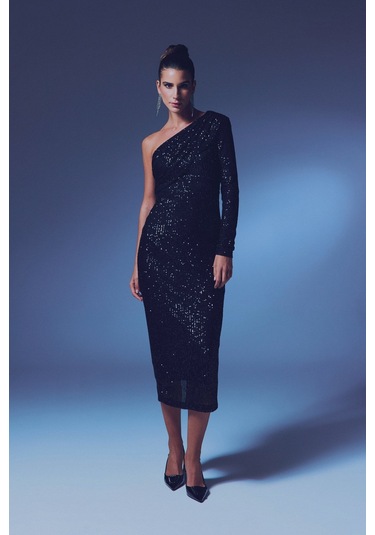 Tek Kollu Payet Elbise - Siyah-135363 Siyah