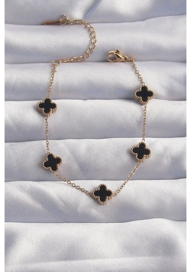 316l Çelik Baby Boy Gold Renk Siyah Mineli Yonca Bileklik