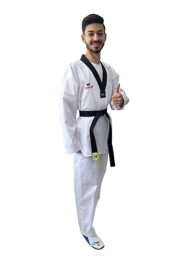 Jumok Siyah Yaka Fitilli Taekwondo Elbisesi Beyaz - Siyah