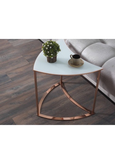 Premium Modern Yuvarlak Sehpa 6 Lı Takım Beyaz Bronz Mdf