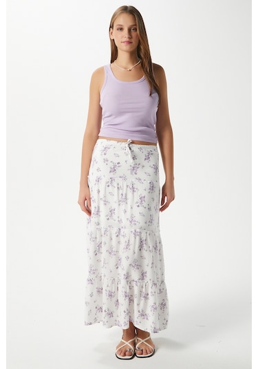 Kadın Rebekka Çiçekli Lila Astarlı Uzun Etek 17639 Beyazlila Beyaz - Lila