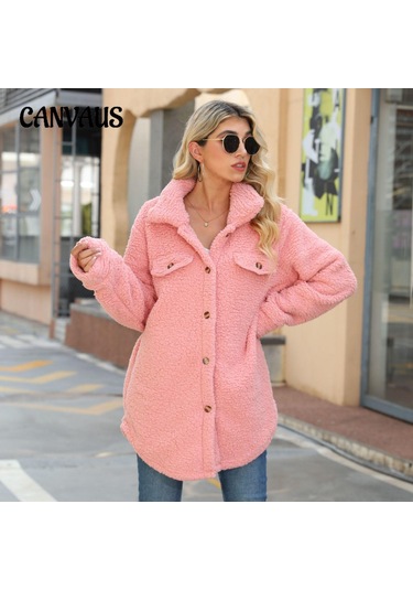 Sonbahar Ve Kış Kadın Ceket Yaka Uzun Kollu Gevşek Düğmeler Sahte Cepler Demir Olmayan Uzun Peluş Ceket Pembe Sonbahar Ve Kış Kadın Ceket Yaka Uzun Kollu Gevşek Düğmeler Sahte Cepler Demir Olmayan Uzun Peluş Ceket Pembe