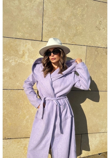 Kadın Lila Kruvaze Yaka, Kapüşonlu, Çift Cepli, Beli Kemerli, Uzun Kaşe Kaban Astarsız Lila