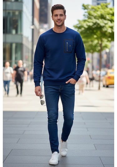 Remsa Erkek Fermuar Detay Bisiklet Yaka Pamuklu Sweatshirt 24722 İndigo İndigo