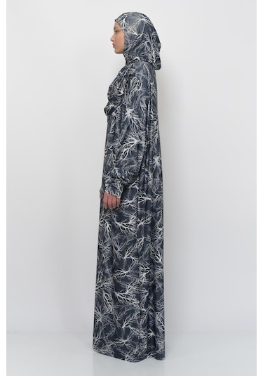 Pratik Tek Parça Ağaç Desenli Kollu Tak Çıkar Başörtülü Likralı Tesettür Namaz Elbisesi 990-0705 Siyah Antrasit