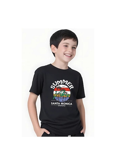 Summer Baskılı Erkek Çocuk Yuvarlak Yaka Kısa Kollu T-shirt Siyah