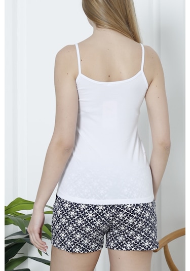 Kadın Şortlu Pijama Takımı İp Askılı Pamuklu Likralı Cepli Beyaz Nıc1073 R01 Beyaz