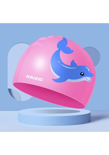 Pembe Çocuk Yüzme Kapakları Kız Erkek Sevimli Karikatür Yunus Uzun Saç Çocuklar İçin Dayanıklı Silikon Su Geçirmez Elastik Yüzmek Kapakları Pembe
