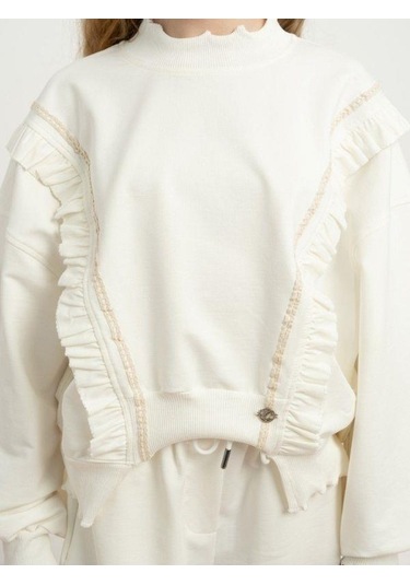 Kız Çocuk Fırfırlı Tasarım Eşofman Takımı-16228 Ekru