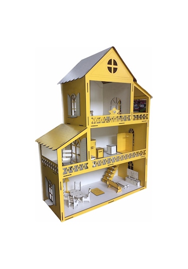 Ahşap Oyun Evi 60Cm 14 Eşya Sarı Led Işıklı
