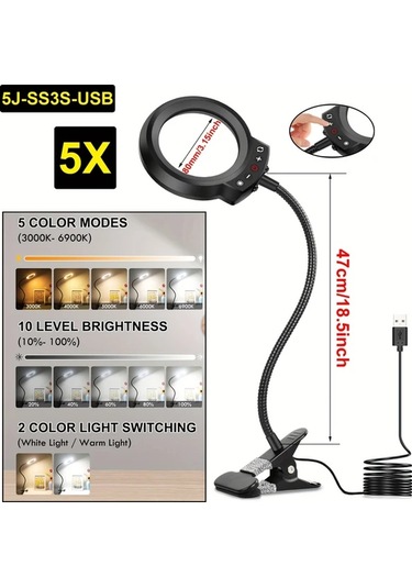 Willowhaven Siyah 5v Usb Led Büyüteçli Lamba, 5 Renk, 10 Parlaklık, Mengeli