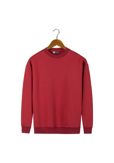 Unisex Kırmızı Oversize Kalın Üç Iplik Şardonlu Bisiklet Yaka Basic Sweatshirt Kırmızı