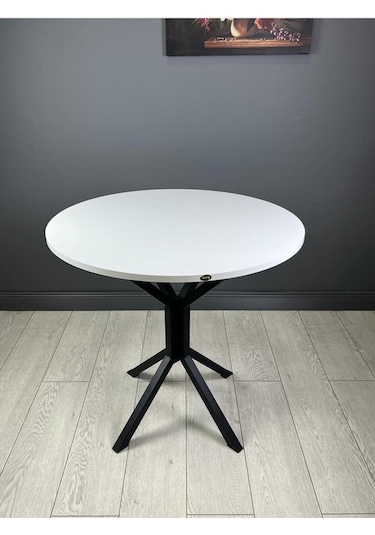 Saray Beyaz Siyah Yuvarlak Mutfak Masası Yemek Masa Balkon Masa Metal Siyah Ayak 80 Cm