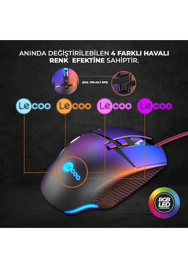 Lecoo MG1101 Kablolu 6400DPI 8 Tuşlu RGB Gaming Optik Mouse Siyah