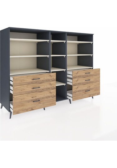 Kronos Dolap 10 Raflı 6 Çekmeceli 220x59x163 Antrasit-aytaşı/çam Antrasit-aytaşı/çam