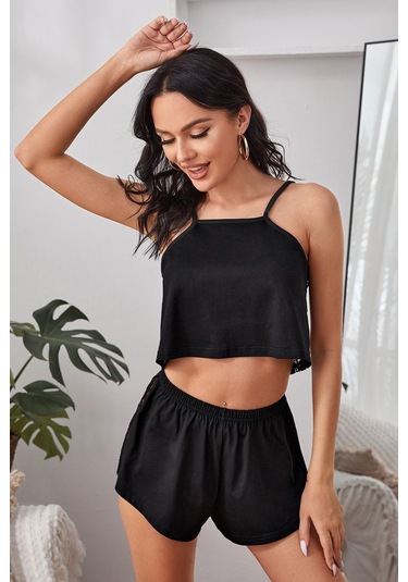 Kadın Siyah Arkası Komple Dantel Şortlu Gecelik Takım Siyah